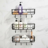 Amazon Basics Self-Adhesive Wall Shelf – No-Drill Multipurpose Bathroom/Kitchen Organizer with Hooks and Towel Holder, Rust Proof GI Steel Organizer | Black, 28.2 x 9.8 x 11.5 cm, Pack of 3