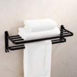 Amazon Basics Aluminium Folding Towel Rack | Fixed Towel Rod & Hooks | Wall Mount | Rust-Free Powder Coated | Black | 59.4L x 21.8W x 17.4H cm