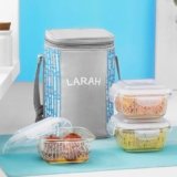 Larah Glassware Vogue Borosilicate Glass Lunchbox with Bag | 3pc Square Container Set (320 ml Each) | Microwave & Dishwasher Safe, Leakproof | Tiffin for Office, School, College | Blue