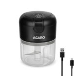 AGARO Elite Rechargeable Mini Electric Chopper, Food Grade Bowl, Stainless Steel Blades, Rechargeable, One Touch Operation, for Chopping Garlic, Ginger, Onion, Vegetable, Nuts, 250 Ml, Black