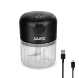 AGARO Elite Rechargeable Mini Electric Chopper, Food Grade Bowl, Stainless Steel Blades, Rechargeable, One Touch Operation, for Chopping Garlic, Ginger, Onion, Vegetable, Nuts, 250 Ml, Black