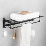 MIORAH 24 Inch Foldable Aluminum Towel Rack for Bathroom – Wall Mounted Double – Tier Towel Holder with Rod & Hooks | Rustproof Black