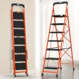 BonKaso Climb Easy 7 Step Foldable Steel Kitchen Ladder for Indoor & Outdoor use with Safety Clutch Lock, Anti-Slip Wide Durable Plastic Steps, Support Handle & Tool Tray (Orange & Black)