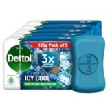 Dettol Icy Cool Bathing Soap Bar With 3x intense cooling (625gm), 125gm – Pack of 5
