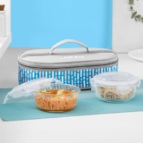 Vogue Borosilicate Glass Lunchbox with Bag | 2pc Round Container (400 ml Each), Horizontal | Microwave & Dishwasher Safe, Leakproof | Tiffin for Office, School, College | Blue (BGFGLTIF0018)