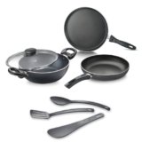 Judge by Prestige ACE Aluminium Non-Stick cookware BYK Set-Tawa 25cm-1U, Fry Pan 20cm-1U, Kadai 20cm-1U with Lid-1U + 3U Nylon Tools|Black