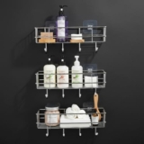 Amazon Basics Self-Adhesive Wall Shelf – No-Drill Multipurpose Bathroom/Kitchen Organizer with Hooks and Towel Holder, Rust Proof GI Steel Organizer | Chrome, 28.2 x 9.8 x 11.5 cm, Pack of 3