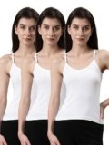 Dixcy Slimz Solid Slim Fit Scoop Neck Sleeveless Cotton Camisole for Women(Annie_White_S_Pack of 3