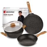 Bergner Ivory Black Granite Non-Stick 4 Pcs Cookware Set – 24cm (2.5L) Kadai with Glass Lid, 24cm Frypan, 28cm Dosa Tawa, Forged Aluminium, Soft Touch Handle, PFOA Free, Induction and Gas Stove Ready