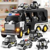 GRAPHENE 5 in 1 Friction Powered Police Truck Toy Car Set for Boy 3-10 Years Transport Vehicle Montessori Carrier Educational Light Music Pullback Monster Truck Mini Helicopter Taxi Playset Gift