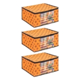 PrettyKrafts Set of 3 Non-Woven Printed Foldable Saree Covers/Wardrobe Organizer With Transparent Window And Zip/Clothes Storage Bag For Women’s Lehenga, Suit Saree & Other Accessories (Orange)
