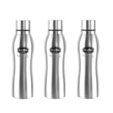 CELLO New Curvy Stainless Steel Water Bottle For Daily Use Set of 3 Pcs Silver, 1000 ml | Single Wall Rustproof & Leakproof, Fridge Safe | Stainless Steel Water Bottle For Kids, Office, Travel, Picnic