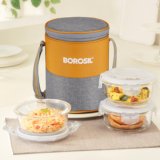 BOROSIL Zest Borosilicate Glass Lunchbox, 3pc Square Set (400ml Each), Office Tiffin Box 3 Containers Glass Office Lunch Box(1200 ml, Microwave Safe)