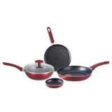 Bergner Amarone 5 Pcs Induction Bottom Cookware Set of 24 cm (2.4 L) Kadhai with Glass Lid, 24 cm (1.3 L) Fry Pan,25 cm Tawa, 14 cm Mini Pan, Induction Base and Gas Stove Ready – Maroon