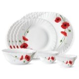 Larah by Borosil Fluted Series Red Carnation Opalware Dinner Set | 13 Piece for Family of 4 | Microwave & Dishwasher Safe | Bone-Ash Free | Crockery Set for Dining & Gifting | Plates & Bowls | White