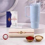 Oblivion OM Multicolor Rakhi for Brother & Bhaiya with Travel Tumbler-1800ml – Raksha Bandhan Gift Set with Roli Tikka, Pooja Coin & Greeting Card | Festive Gifting Idea for Family, Pack of 5