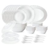 Larah by Borosil Plain White Silk Series Opalware Dinner Set | 47 Pieces for Family of 8 | Microwave & Dishwasher Safe | Bone-Ash Free | Crockery Set for Dining & Gifting | Plates & Bowls | Snow