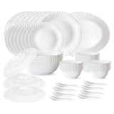 Larah by Borosil Plain White Silk Series Opalware Dinner Set | 47 Pieces for Family of 8 | Microwave & Dishwasher Safe | Bone-Ash Free | Crockery Set for Dining & Gifting | Plates & Bowls | Snow