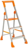 Amazon Basics Clamber Pro+ – Foldable Step Ladder with Tool Tray, Firm Grip, 3 Steps (Aluminium Steps, Orange & Satin)