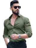 IndoPrimo Men’s Casual Solid Satin Shirt for Men Full Sleeves – Crystal (in, Alpha, M, Olive)