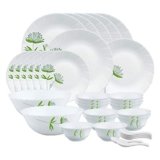 Larah by Borosil Green Lily Opalware Dinner Set, 35 Pcs, White