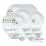 Larah by Borosil Green Lily Opalware Dinner Set, 35 Pcs, White
