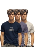 BULLMER Trendy Printed Cotton Blend Regular Fit Crew Neck/Round Neck Half Sleeve Tshirt for Men – Pack of 3_Navy Blue/Purple/Beige_Small