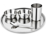 Stainless Steel Dinner Set for 1 Person | 5 Piece Thali Set with Plate, Bowls, Glass & Spoon | Mirror Finish Serving Dinnerware Combo for Home & Restaurant