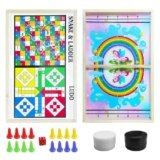 VGRASSP 3 in 1 Fastest Finger Ludo, Snake & Ladder Wooden Board Game for Kids & Adults – Double Sided Sling Puck Birthday Gift for Family Entertainment – Made with Pine Wood (Unicorn Design)