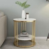 Ereteken ART Round Coffee and Side Accent End Table for Living Room with Metal & Engineered Wood Tabletop and Metal Frame Gold Powder Coated (Golden-White)