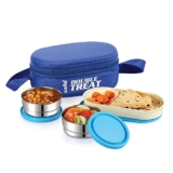CELLO Double Treat Set of 3 Pcs Lunch Box for Office Use with Jacket Blue | 2 x 300ml Stainless Steel Containers, 1 x Oval Container |Lightweight Leakproof Airtight Tiffin Box Case For School & Travel