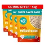 Yogabar Golden Jumbo Rolled Oats 4kg (1kg Pouch, Pack of 4) – Gluten-Free Oats with High Fibre – No Powder