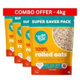 Yogabar Golden Jumbo Rolled Oats 4kg (1kg Pouch, Pack of 4) – Gluten-Free Oats with High Fibre – No Powder