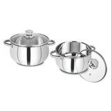 Bergner Acier Stainless Steel Set of 2 Cook and Serve Casserole with 2 Glass Lids, 4 pcs, 2 Casseroles 16cm with 2 Glass Lids, Induction Bottom, Gas Ready, Silver