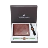 WildHorn Rakhi Gift Hamper For Brother – Classic Men’s Combo/Gift Set Of Leather Wallet, Keyring & Rakhi For Brother/Bhaiya (Brown)