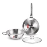 Milton Pro Cook Induction Cookware & Gas Stove Friendly Triply Stainless Steel 3 Pcs Cookware Set | Fry Pan 24cm | Kadai with Glass Lid 24cm | Even & Fast Cooking | 3 Years Warranty | Silver