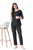 Ichaa Women Cotton Printed Night Wear Top and Bottom Night Suit Set, Black, Medium