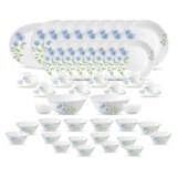 La Opala Diva Classique Collection Opal Glass Crockery | for Family of 8 | Dinner Set 53 pcs Blue Daisy | Plates, Bowls & Cups for Dining | Microwave Safe | 100% Vegetarian | Extra Strong | White