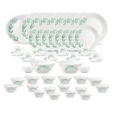 La Opala Diva Classique Collection Opal Glass Crockery | for Family of 8 | Dinner Set 53 pcs Olive Trails | Plates, Bowls & Cups for Dining | Microwave Safe | 100% Vegetarian | Extra Strong | White
