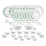 La Opala Diva Classique Collection Opal Glass Crockery | for Family of 8 | Dinner Set 53 pcs Olive Trails | Plates, Bowls & Cups for Dining | Microwave Safe | 100% Vegetarian | Extra Strong | White