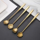 Gold Tone Dessert Spoon Set with Decorative Flower and Heart Shaped Spoon Heads 4 Pcs AG4S-6