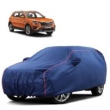 Sulfar 100% Water Resistant Car Body Cover Compatible with Mirror for Skoda Kushaq (Triple Stitched, Full Bottom Elastic, Blue Tafetta with Red Piping)