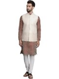 SOJANYA (Since 1958 Men’s Jacquard Silk Maroon Kurta and Off-White Pyjama With Cream Nehru Jacket