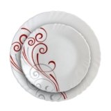 Cello Opalware Imperial Series Red Swirl 33 Pieces Dinner Set | Opal Glass Crockery for 6 | Bone Ash-Free, Lightweight, Elegant White Plate & Bowl Set |Opalglass Dinner Set for Daily Use & Gifting