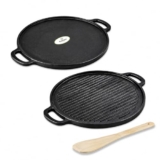 Freshome Cast Iron 2-in-1 Dosa Tawa & Grill with Wooden Spatula (30cm) | Double-Sided Tawa/Pan for Roti, Dosa, Chapati, Fish & Steak | Naturally Nonstick, Gas & Induction Cookware | Reversible Cooking