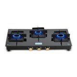 Cello Black Pearl 3 Burner Toughened Glass Top Gas Stove, Brass Burners, ISI Certified, Black Finish Brass Manual Gas Stove, 1 Year Warranty (3 Burner)