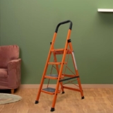 BonKaso Climb Steady Premium Alloy Steel Heavy Duty Multipurpose Foldable 4 Step Ladder with Connecting Frame & Belt Support for Home and Outdoor – (Orange)