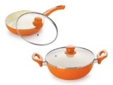 NIRLON Ceramic Induction Base Non-Stick Aluminium Fry Pan and Kadhai with Glass Lid – Set of 2 (Orange)