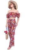 Tokyo Talkies Maroon & Blue Floral Printed Pure Cotton Off-Shoulder Top With Trouser