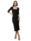 barcino Black Rib Square Neck Sticth Detail Midi Dress